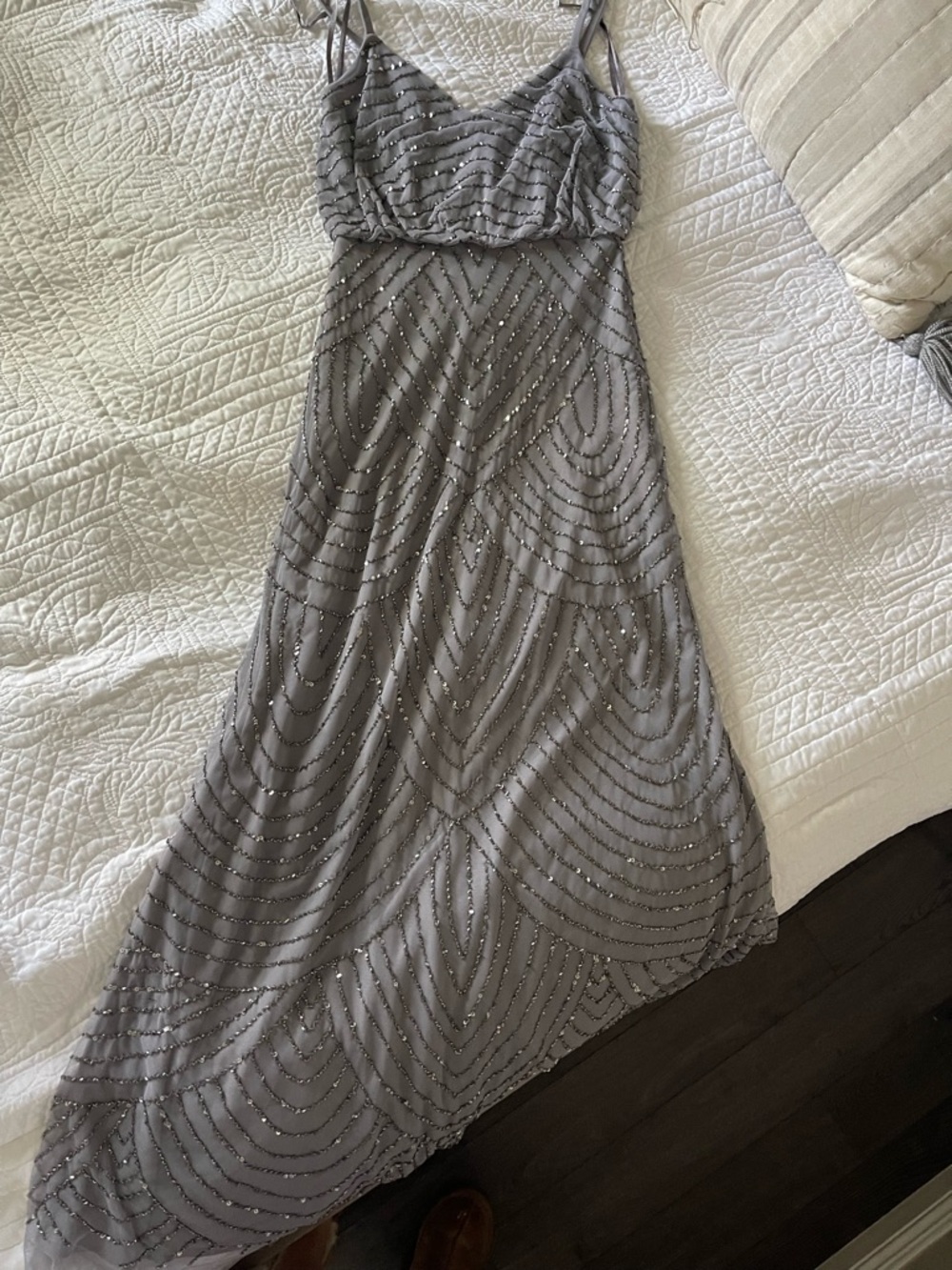 Adrianna Papell Silver-Gray Beaded Maxi Dress